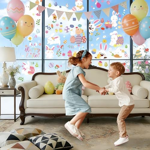 9 Sheets Easter Window Clings for Kids, 134 Pcs Cute Bunny Chick Egg Window Stickers, Static Spring Easter Decorations for Home, Classroom & Party Windows