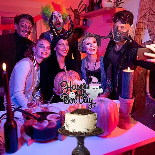 1Pcs Happy Halloween Cake Topper Black Glitter Happy Boo Day Cake Topper Castle Witch Pumpkin Ghost Bat Halloween Cake Decorations Cake Pick for Halloween Birthday Baby Shower Party Supplies