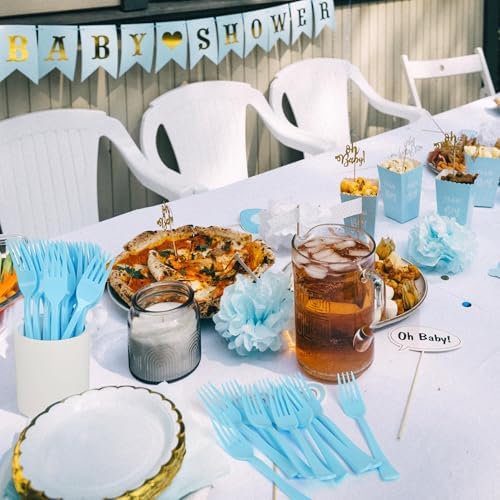 Kochorie 180 Pcs Light Blue Plastic Forks Disposable Silverware Heavy Duty Plastic Cutlery Set Heat Resistant Durable Utensils Flatware for Party Wedding Birthday Supplies and Daily Use