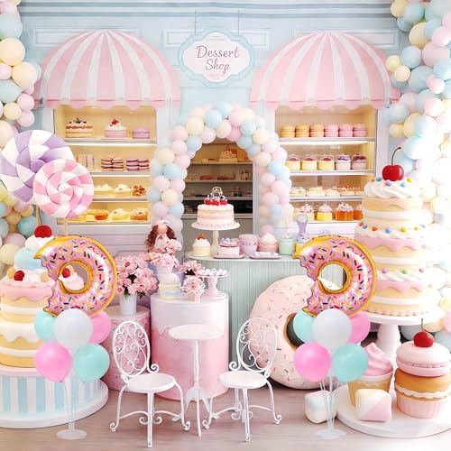 Donut Balloon Table Centerpiece Stand Kit 2 Sets for Table with 2 Doughnut Foil Balloons 14 Latex Pastel Balloons for Donut Party Decorations Pastel Birthday Party Baby Shower Decorations