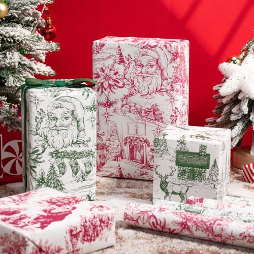 RUSPEPA Kraft Christmas Wrapping Paper Set, Jumbo Roll, Red Green Vintage Toile Santa, Tree, Deer & Winter Scene Design Gift Wrap for Xmas Holiday, Rustic Party, 4 Rolls, 30 Inches x 10 Feet per Roll