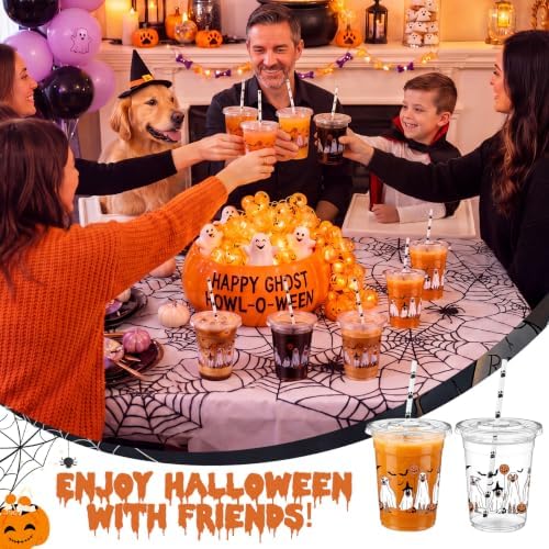 FillTouch 50 Pcs Halloween Dog Ghost Cups 16 oz with Lids Straws