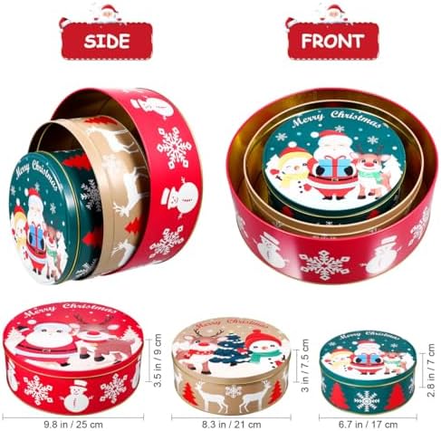 Hemoton Christmas Cookie Tins with Lids for Gift Giving, 3 Pack Round Christmas Tin Containers, Metal Nesting Containers for Holiday Use, Large Medium Small