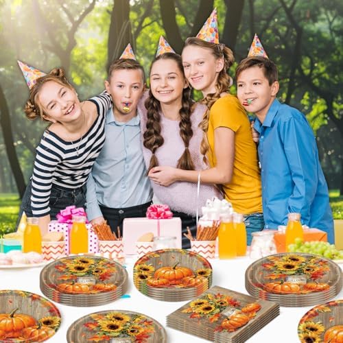 140Pcs Fall Thanksgiving Party Supplies Tableware Set for 20 Guests, Pumpkin Paper Plates and Napkins Cups Tablecloth Cutlery Straws for Autumn Harvest Party Decoration