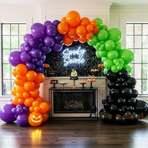 Halloween Balloon Arch, Orange, Black, Purple & Green, 138 Balloons