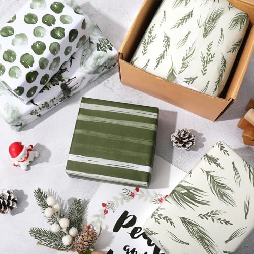 JarThenaAMCS 60 Sheets Christmas Tissue Paper Watercolor Forest Gift Wrapping Paper Greenery Reindeer Art Paper for Winter Xmas Home Party DIY Crafts Supplies, 14 x 20 Inch