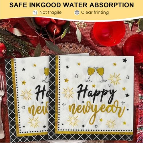 Dereinwo 50 Pcs New Year Paper Plates and Napkins Set