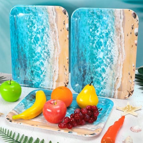 JarThenaAMCS 3Pcs Summer Beach Serving Trays Reusable Serving Dishes Ocean Wave Sand Seashell Starfish Platter for Outdoor Party Serving Food Snacks Fruits Dessert