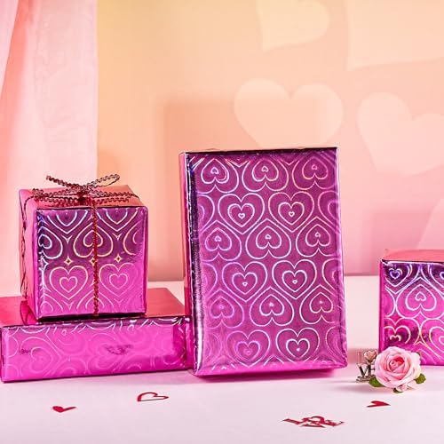 WRAPAHOLIC Heart Wrapping Paper Roll - Mini Roll - 17 Inch x 16.5 Feet - Hot Pink Heart Metallic Holographic Wrapping Paper for Valentines Day, Birthday, Wedding, Baby Shower, Bridal Shower