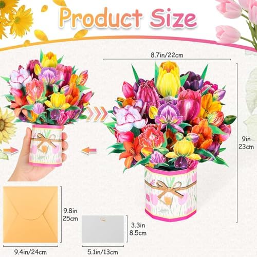 4 Pack Paper Flower Pop Up Cards, Flower Birthday Card Popup 3D Greeting Gift Cards for Mother's Day, Graduation, Anniversary, Get Well, Thank you Cards for All Occasions with Envelope and Note
