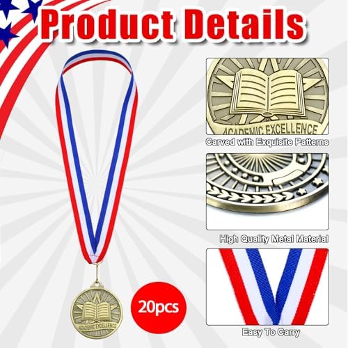 20 Pcs 2'' Awards Medals Bulk Winner Medals with Neck Ribbons Metal Trophy Award Prize Gift for Tournaments, Competitions, Party, Kids and Adults