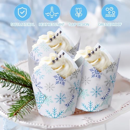 Maxdot 200 Pcs Winter Snowflake Tulip Cupcake Liners for Baking Blue Silver Snowflake Paper Muffin Baking Cups Christmas Tulip Muffin Liners Wrappers for Xmas Winter Birthday Party Supplies