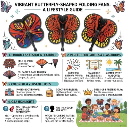 24 Pack Monarch Butterfly Folding Fans, Realistic Butterfly-Shaped Paper Hand Fans for Garden Weddings, Outdoor Parties & Nature Themed Events | Bulk Handheld Favor Fans