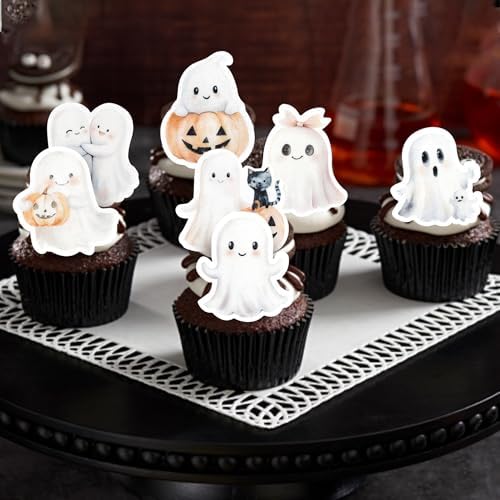 60 PCS Edible Halloween Cupcake Toppers Wafer Paper Spooky Cat Wizard Hat Pumpkin Cupcake Picks Edible Cat Ghost Cake Decorations for Baby Shower Birthday Halloween Party Cake Decorations Supplies