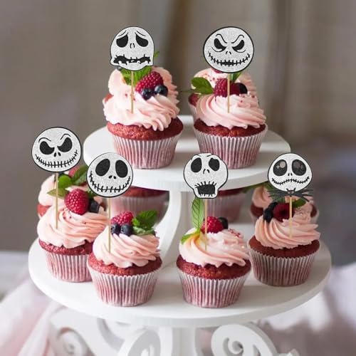 Halloween Cupcake Toppers, Cake Decorations, 12PCS Glitter Skull Jack Cake Toppers for Nightmare Before Christmas, Ghost