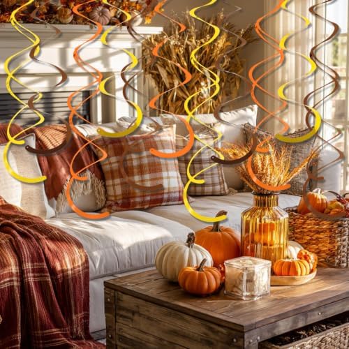 24 PCS Gold Brown Orange Hanging Swirl,Sparkle Ceiling Hanging Decorations,Plastic Streamer Party Decorations with Double-Swirls and Single-Swirls for Fall Birthday, Harvest, Thanksgiving Day,Wedding