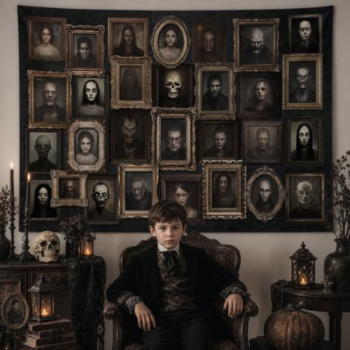Mocsicka Halloween Portrait Backdrop Horror Happy Halloween Party Decorations Banner Haunted House Photo Frames Background Party Supplies (Black, 82x60 inch)