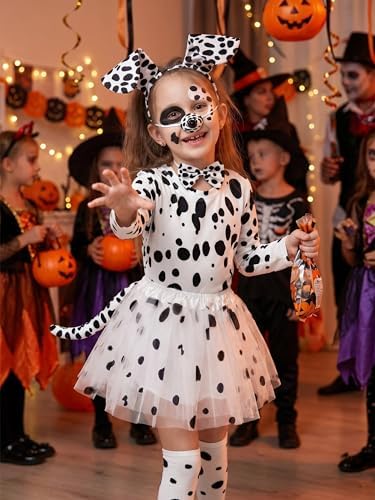 AOTHSO 8 Pieces Halloween Girls Dalmatian Costume Set with Dog Accessories Long Sleeves Tutu Skirt for Kids Cosplay