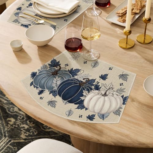 Artoid Mode Navy Blue Pumpkins Fall Wedge Placemats Set of 4-12 x 18 Inch