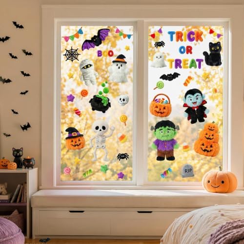 Halloween Decorations Window Clings, 8 Sheets Plush Style Zombie Skeleton Monster Vampire Pumpkin Halloween Decals, Cute Double Sided Printed Glass Door clings Decals for Home Office School Party