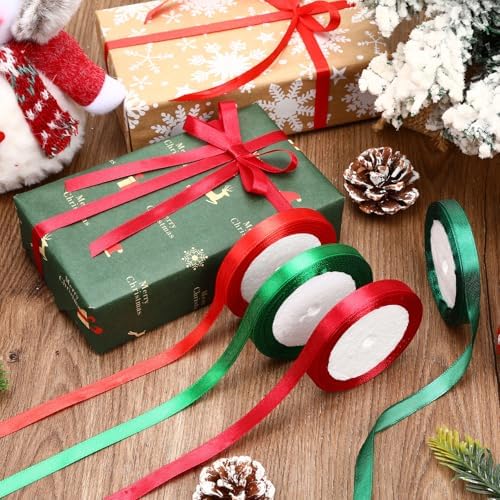 DECYOOL 4 Rolls Christmas Red and Green Satin Ribbon for Gift Wrapping 10mm