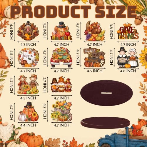 Wesiti 12 Pcs Thanksgiving Table Decorations, Wooden Fall Harvest Centerpiece, Pilgrim Turkey Gnome Table Topper Signs for Thanksgiving Tiered Tray Decor Party Favor