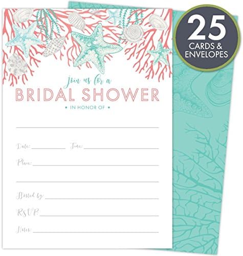 Beach Bridal Shower Invitations Set of 25 Cards and Envelopes, Fill-In Style with Corals, Shells and Starfish. Printed on Heavy 140lb Card Stock.