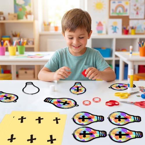 Renbuzhu 48PCS Sunday School VBS Crafts Bulk: Paper Lightbulb Cross Nativity Suncatchers, Jesus Religious Christian Activity DIY Kits Church Decorations, Window Stained Glass Effect Art Supplies