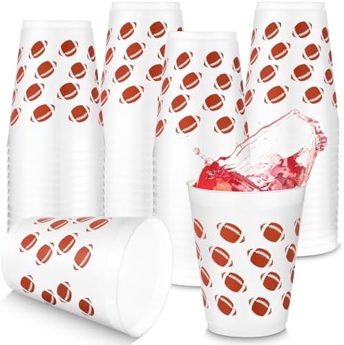 Tioncy 50 Pcs 16oz Football Frosted Plastic Cups, Football Plastic Cups, Clear PP Frosted Reusable Cup Bulk for Sports Game Party Decorations Hot Coffee Wine Cold Drinks Supplies