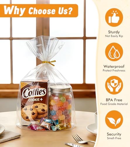 Flat Bottom Cellophane Bags with Twist Ties, 55 CT 10x14 Inches Cellophane Wrap for Gift Flat Bottom Clear Treat Bags Cello Packaging for Party Favors, Bridal Showers and Wedding Gift Wrapping