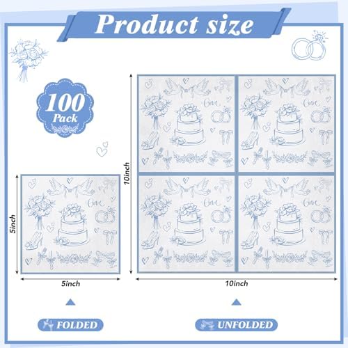 NatNarr 100 Pk Wedding Napkins, 5" Blue White Bridal Shower Napkins