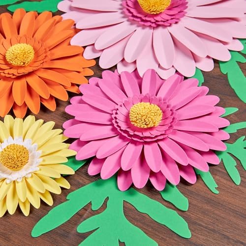PAPER JAZZ Paper Flower Wall Decor, Handmade 3D Daisy Party Decoration Large Paper Flower in Pink, Orange, Yellow with Green Leaves, Modern Home Wall Art for Bulletin Board,Easter