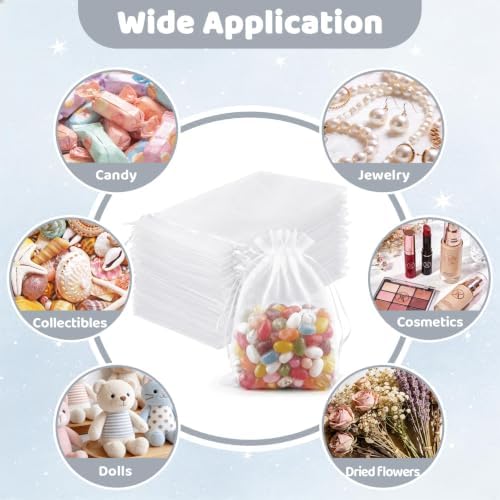 FUNFERY 100PCS White Organza Gift Bags 5x7in,Drawstring Pouch for Jewelry