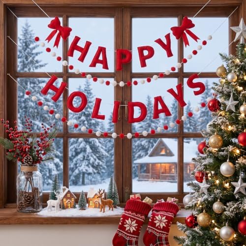 Mindsoft 4 Pcs Felt Happy Holidays Banner Christmas Pom Pom Garland Mantel