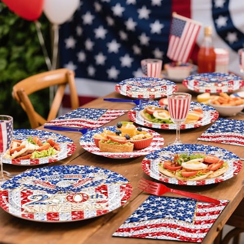 96 Pieces 250th Anniversary Plates and Napkins Patriotic Tableware Set, American Flag Disposable Paper Plates, Napkins, Forks for 4th of July Party Veterans Day Memorial Day Party Supplies- Serves 24