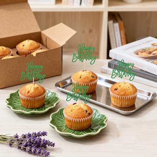 24 PCS Happy Birthday Cupcake Toppers Glitter Happy Birthday Cupcake Picks for Celebrating Anniversary Theme Party Cake Decorations Supplies Green