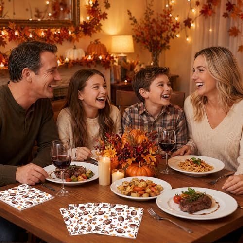 100 Pcs Fall Football Bow Disposable Paper Napkins, 2-Ply Absorbent Decorative Napkins, Autumn Sports Theme Tableware Supplies for Football Game Day, Harvest Thanksgiving Dinner, Holiday Celebrations