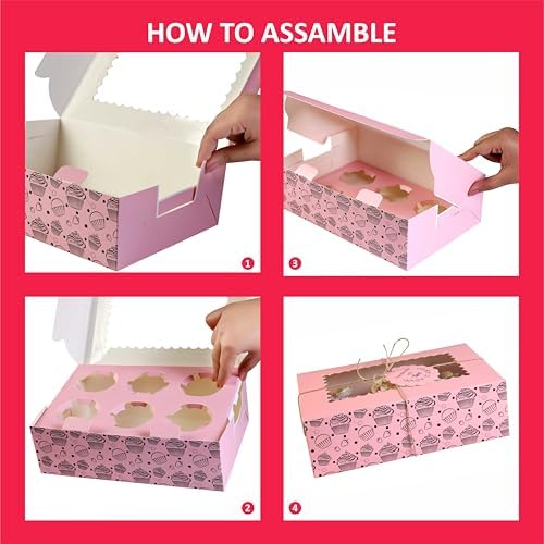 Cupcake Boxes with Insert trays (Pack of 20), Pink Cupcake Carrier, Food Grade Bakery Boxes with Windows and Inserts to Fit 6 Cupcakes Muffins or Pastries