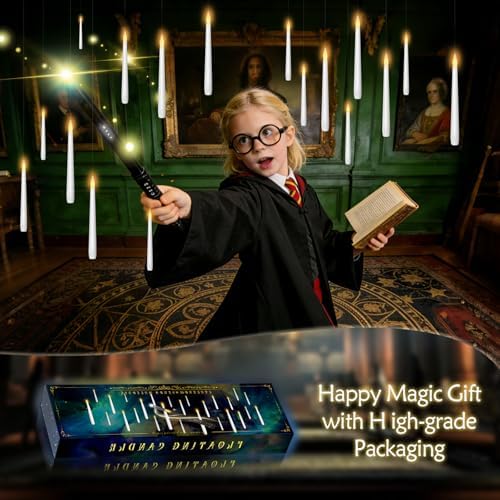 kakoya Flameless Floating Candles with Wand,36 Pcs Magic LED Hanging Taper Candles,Flickering Battery Operated Taper Candle with Wand Remote for Halloween Decorations Best Gift(White)