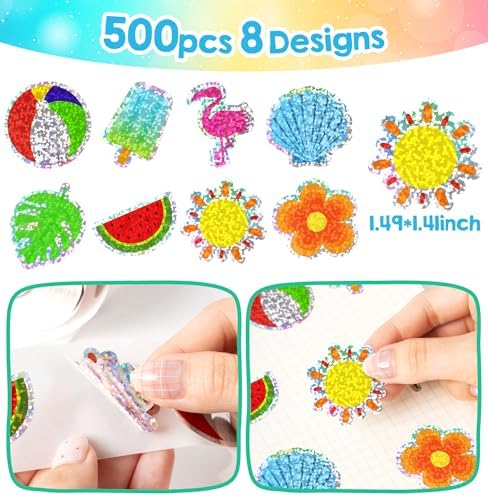 500Pcs Summer Stickers Roll for Kids Holographic Hawaiian Luau Tropical Beach Self-Adhesive Decals Seasonal Party Favors DIY Crafts Teacher Rewards Gifts for Water Bottles Scrapbooking Decoration