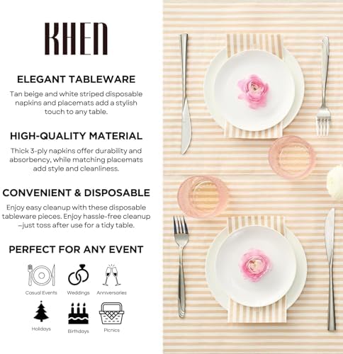 Striped Disposable Napkins & Placemats – 3-Ply Paper Tableware for Parties, BBQs, Picnics, Birthdays & Holiday Gatherings – Elegant & Absorbent Dinner Napkins with Matching Placemats - Beige Set of 50