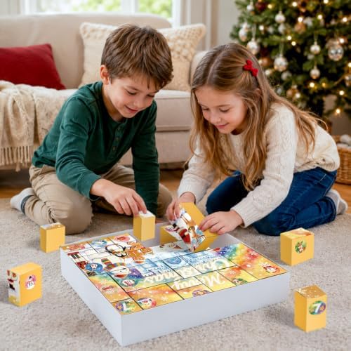 XiaosRen 2026 Christmas Advent Calendar Box Set DIY - 24 Days of Empty Gift Boxes with Number Stickers to Fill for Kids, Family & Friends - Watercolor Gold Background Ice Castle Santa Cartoon Design