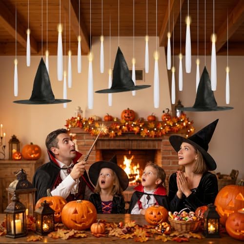 20PCS Halloween Flameless Floating Candles with Wand Remote & Witch Hat