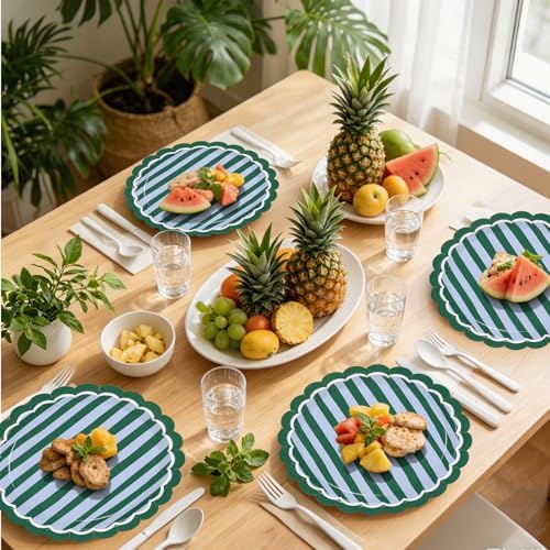 JarThenaAMCS 30Pcs Stripe Paper Plates 9 Inch Blue Green Striped Disposable Plate Scalloped Dessert Plate for Summer Birthday Baby Shower Ocean Party Table Decor