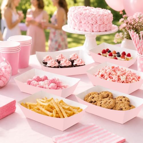 100 Pcs Pink Paper Food Trays, Pre-Folded Disposable Snack Boats for Popcorn, Candy, Fries, Nachos, Desserts, Pink Party Supplies for Birthday, Baby Shower, Bridal Shower, Dessert Table