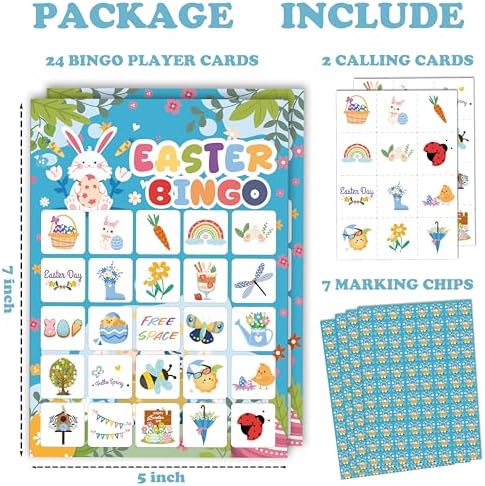 24 Pack Easter Bingo Game Cards - Spring Egg Hunt Party Activities for Adults & Family, 5x7 Inch Premium Cardstock, Bunny & Easter Egg Themed Party Supplies - Includes Caller & Player Chips