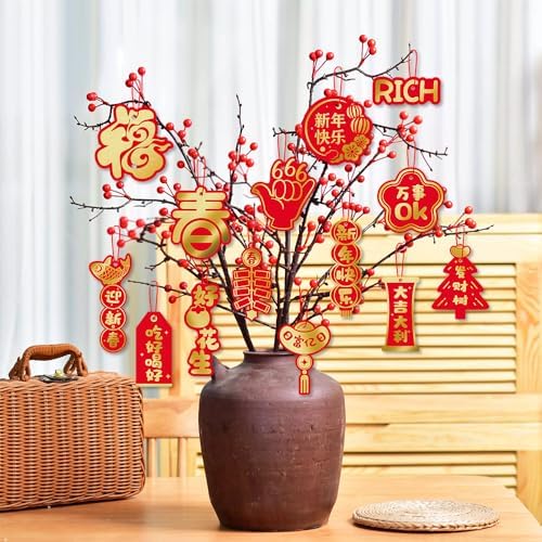 KYMY Chinese New Year Hanging Ornaments Set – 59pcs Red & Gold Lucky Decorations with Coins, Fu Charms & Lanterns, 2026 Zodiac Horse Year Spring Festival Pendants for Tree, Branch & Home Decor