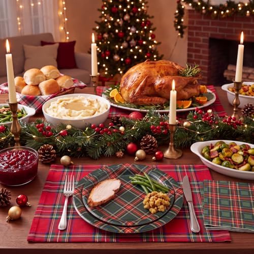 Yungyan 150 Pcs Red Green Plaid Plates Napkins Green Red Serves 50