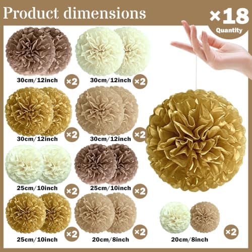 Recosis Tan Khaki Party Decorations, 18 Pcs Paper Pom Poms Decorations