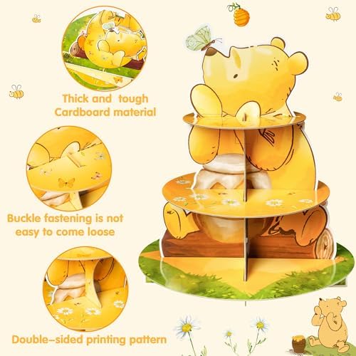 Winnie Theme Cupcake Stand - 3 Tier Winnie Party Dessert Holder, Cute Winnie Cardboard Cake Stand for Birthday Party Decorations, Winnie Cupcake Display for Kids Baby Shower Supplies